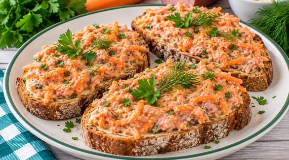 Frühlingsbrote mit Mettwurst-Möhren-Aufstrich und frischen Kräutern.