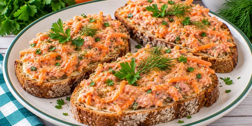 Frühlingsbrote mit Mettwurst-Möhren-Aufstrich und frischen Kräutern.