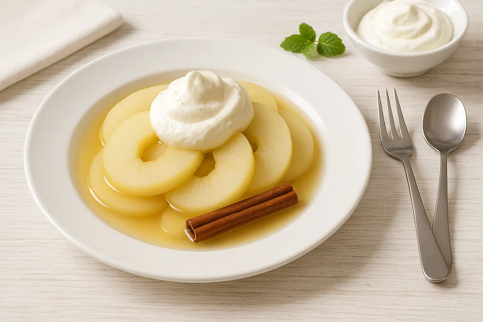 Gedünstete Apfelscheiben auf weißem Teller, serviert mit Vanillesahne, Zimtstange und moderner Deko auf weißem Holzhintergrund.