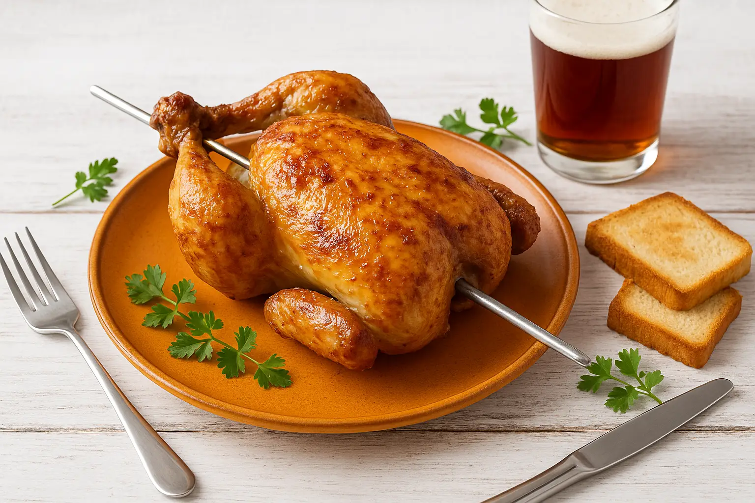  Knuspriges, goldbraunes Grillhähnchen am Spieß auf buntem DDR-Teller, modern dekoriert auf weißem Holztisch.