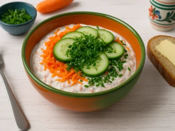 Helgoländer Quarkspeise in bunter Schüssel auf weißem Holzhintergrund, dekoriert mit Möhren, Gurke und frischen Kräutern, dazu modernes Besteck und Butterbrot.