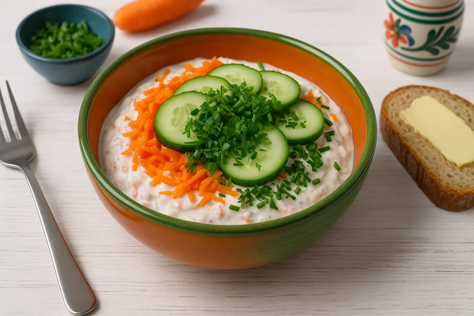 Helgoländer Quarkspeise in bunter Schüssel auf weißem Holzhintergrund, dekoriert mit Möhren, Gurke und frischen Kräutern, dazu modernes Besteck und Butterbrot.