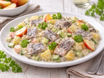 Weißer Teller mit Herings-Kartoffelsalat aus Heringsstücken, Kartoffeln, Apfel und Gurke auf weißem Holzhintergrund mit sichtbarer Maserung