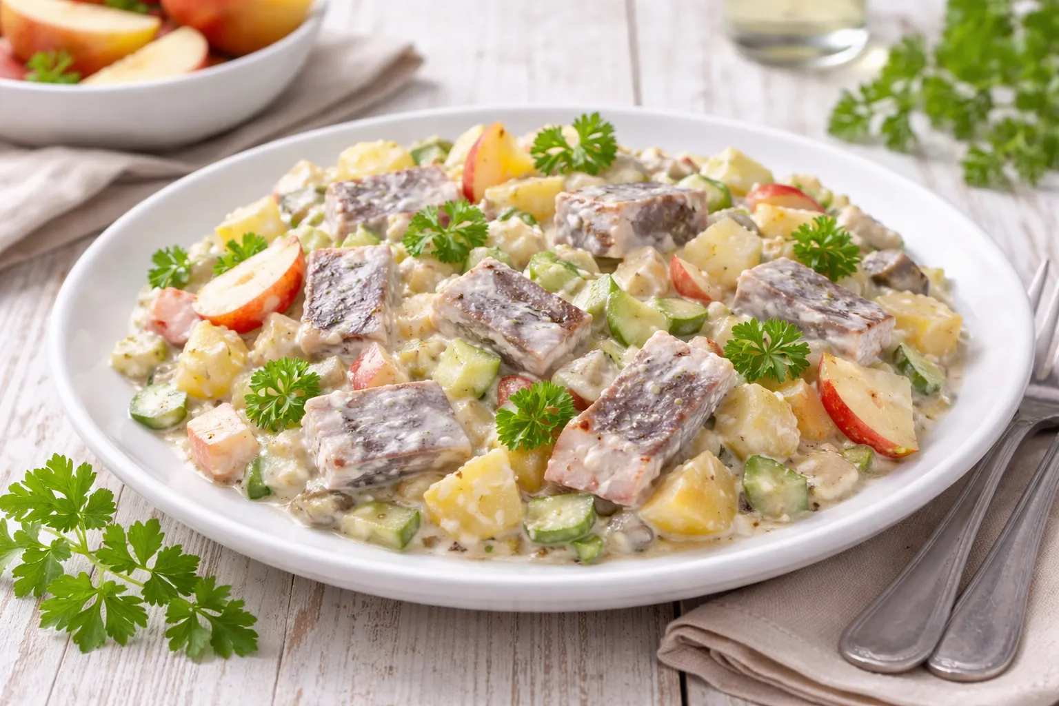 Weißer Teller mit Herings-Kartoffelsalat aus Heringsstücken, Kartoffeln, Apfel und Gurke auf weißem Holzhintergrund mit sichtbarer Maserung