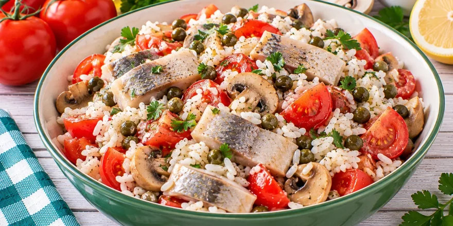 Herings-Reissalat mit Tomaten, Champignons, Kapern und lockerem Reis.