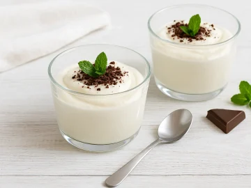 Gläser mit Holländischer Quarkcreme, dekoriert mit Schokoladenraspeln und Minze, auf weißem Holzhintergrund.