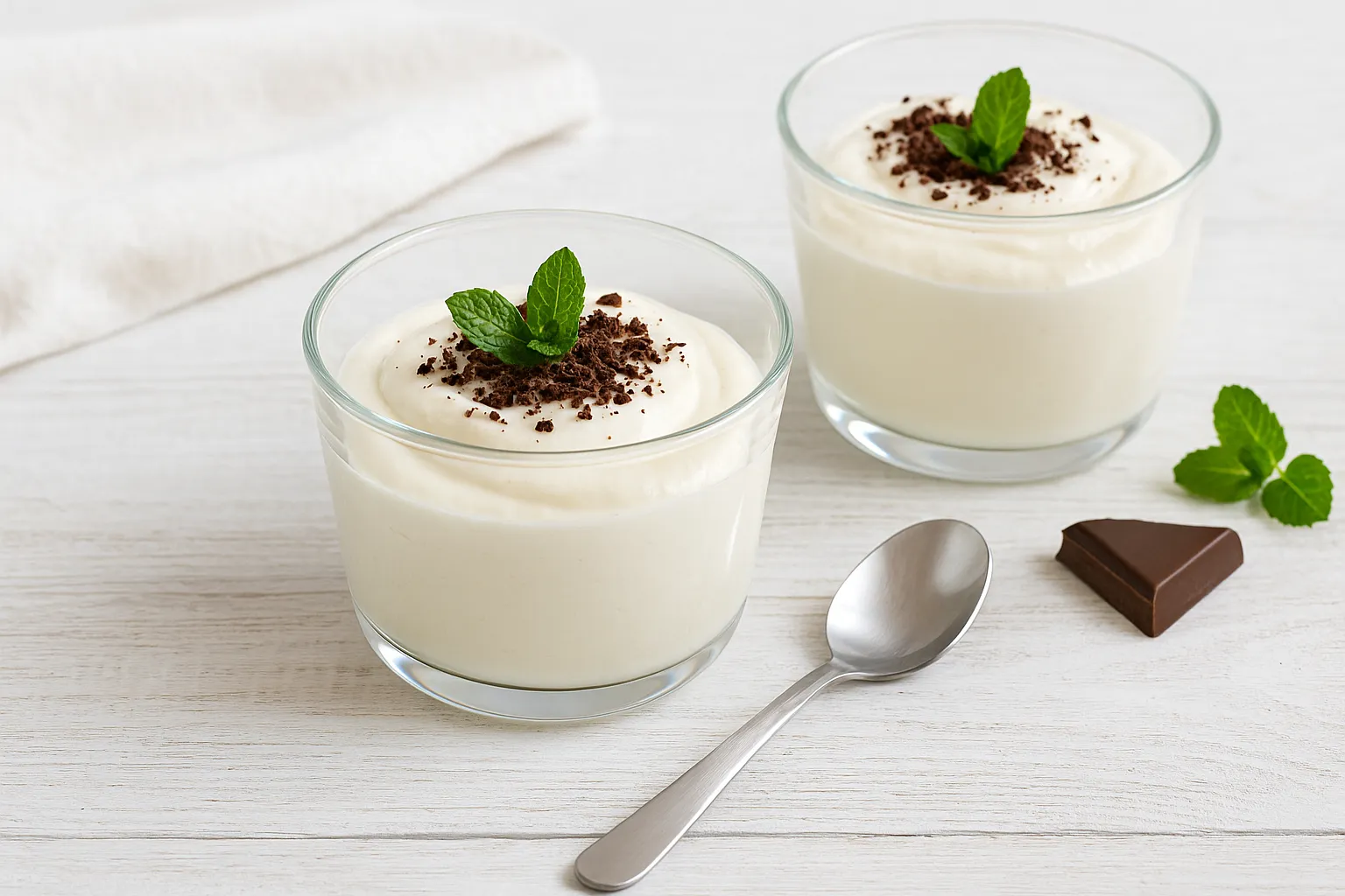 Gläser mit Holländischer Quarkcreme, dekoriert mit Schokoladenraspeln und Minze, auf weißem Holzhintergrund.