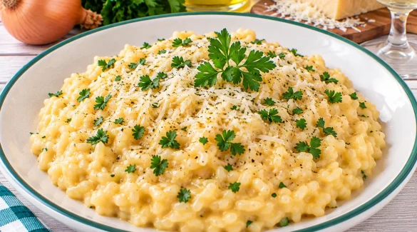 Cremiger italienischer Risotto mit geriebenem Käse und Weißwein.