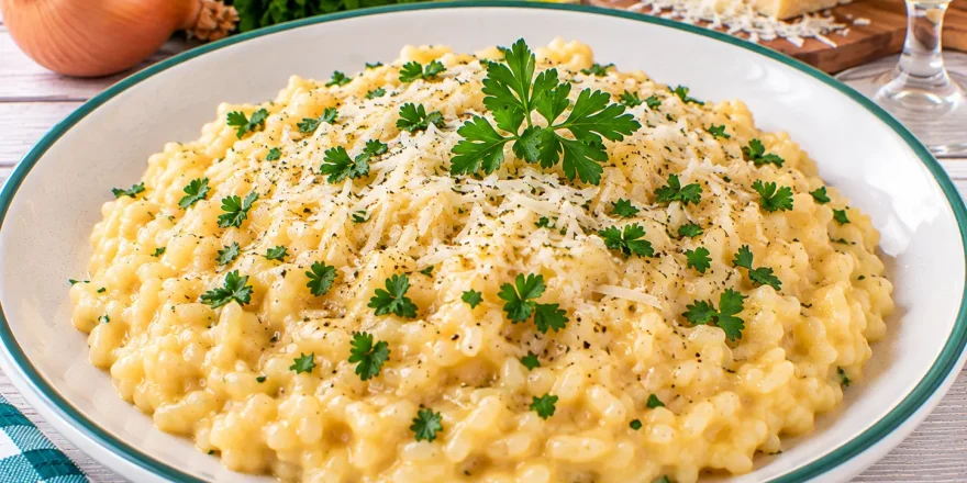 Cremiger italienischer Risotto mit geriebenem Käse und Weißwein.