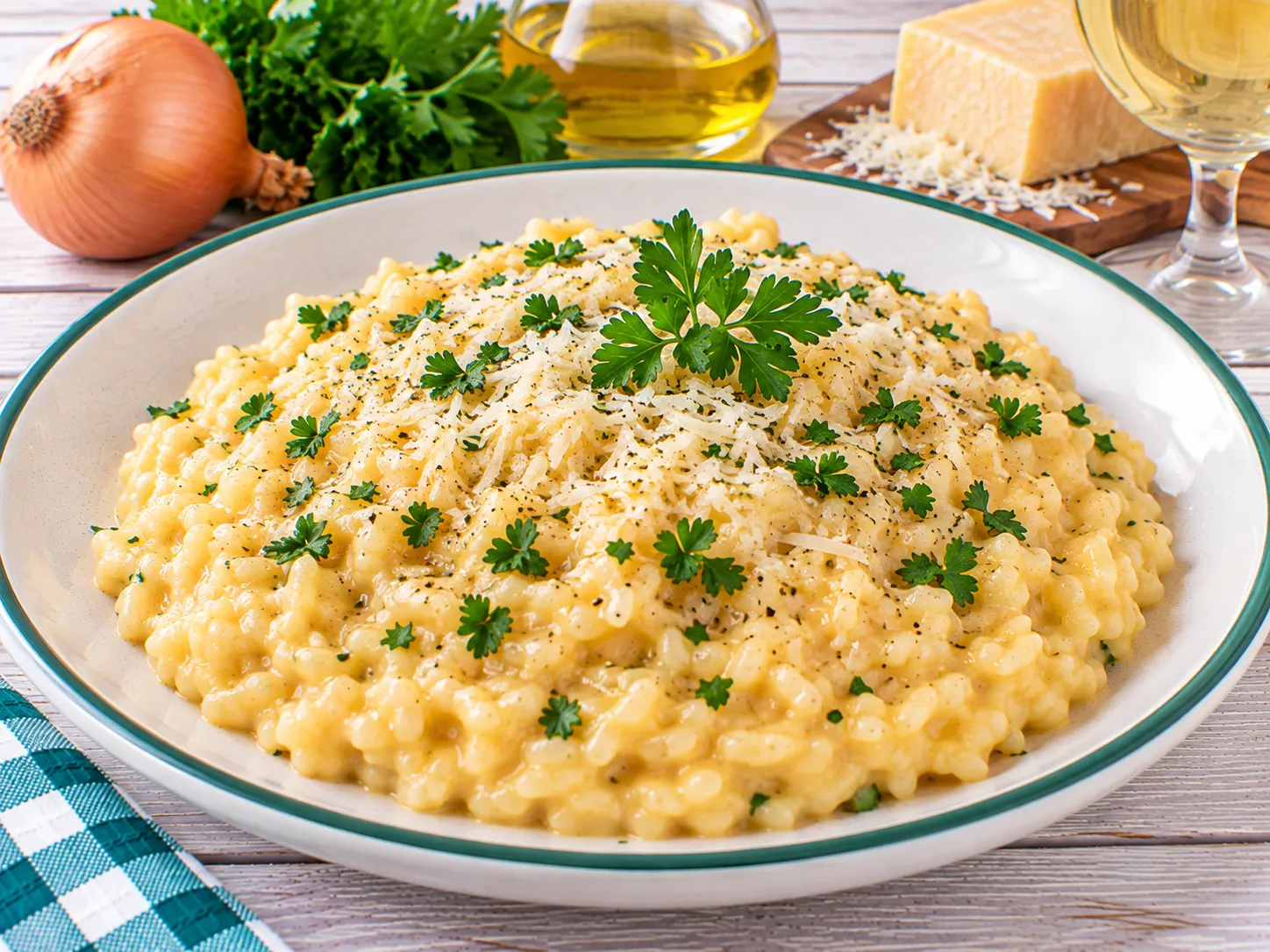 Cremiger italienischer Risotto mit geriebenem Käse und Weißwein.