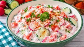 Cremiger Joghurt-Salat mit Tomaten, Gurke, Radieschen und Zwiebeln.
