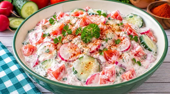 Cremiger Joghurt-Salat mit Tomaten, Gurke, Radieschen und Zwiebeln.