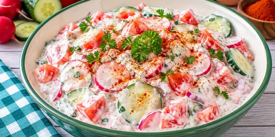 Cremiger Joghurt-Salat mit Tomaten, Gurke, Radieschen und Zwiebeln.
