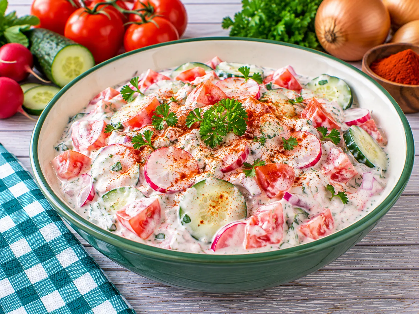 Cremiger Joghurt-Salat mit Tomaten, Gurke, Radieschen und Zwiebeln.