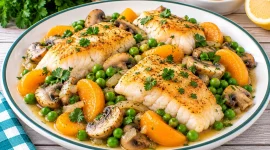 Gebratenes Kabeljaufilet mit Champignons, Erbsen und Aprikosenspalten.