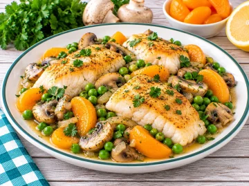 Gebratenes Kabeljaufilet mit Champignons, Erbsen und Aprikosenspalten.