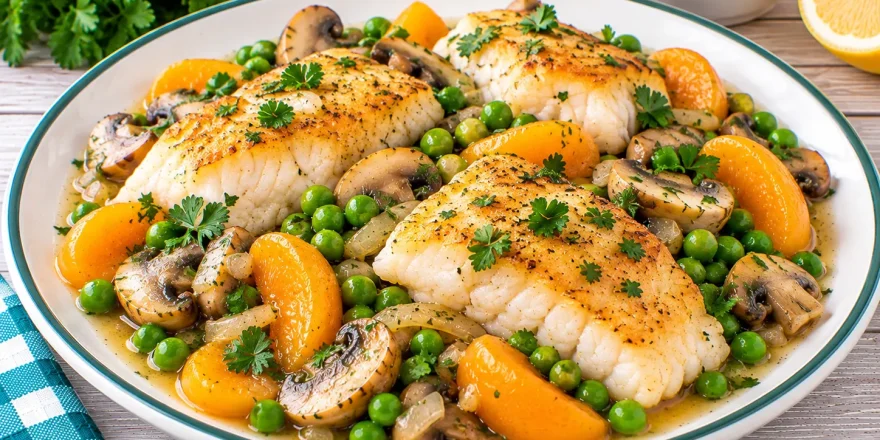 Gebratenes Kabeljaufilet mit Champignons, Erbsen und Aprikosenspalten.