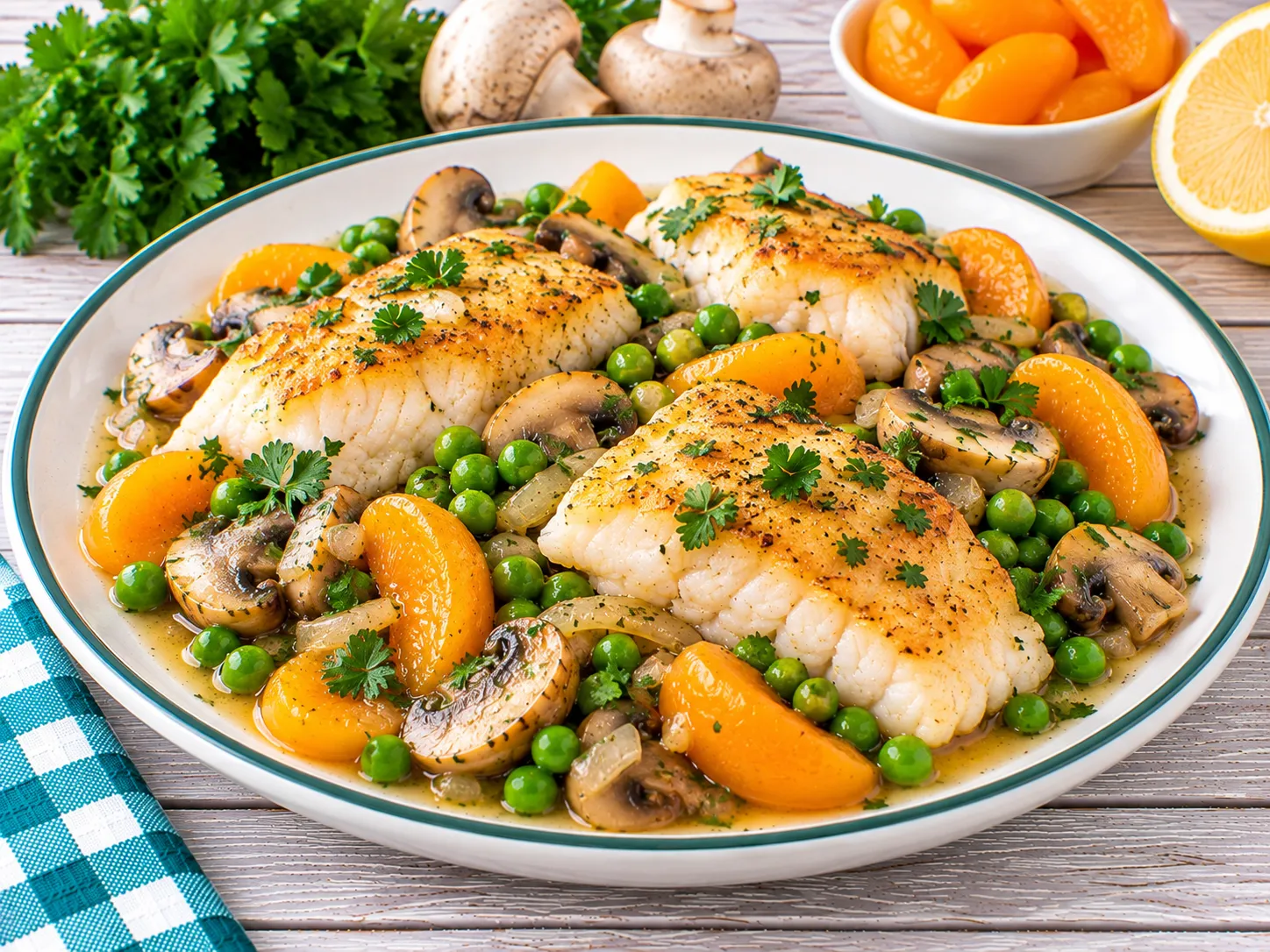 Gebratenes Kabeljaufilet mit Champignons, Erbsen und Aprikosenspalten.
