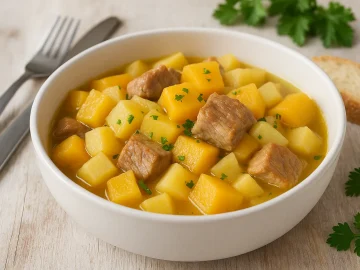 Kohlrübeneintopf mit Schweinefleisch, Kartoffeln und Zwiebeln in weißer Schüssel auf hellem Holztisch mit Kräutern und Besteck