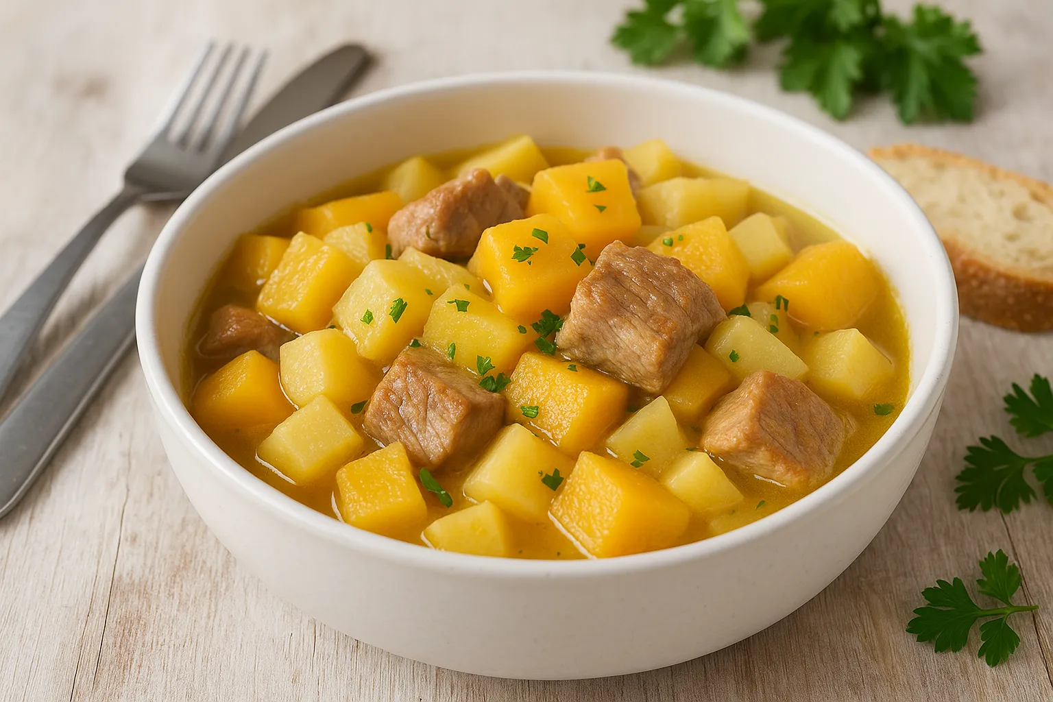 Kohlrübeneintopf mit Schweinefleisch, Kartoffeln und Zwiebeln in weißer Schüssel auf hellem Holztisch mit Kräutern und Besteck