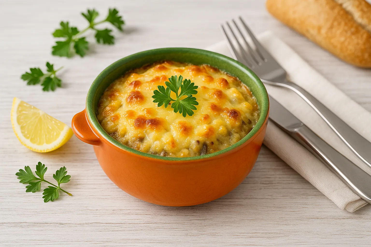  Lachs-Ragout fin in kleinem bunten DDR-Auflaufförmchen, gratiniert mit goldgelbem Käse, daneben frische Kräuter und Zitrone auf weißem Holztisch.
