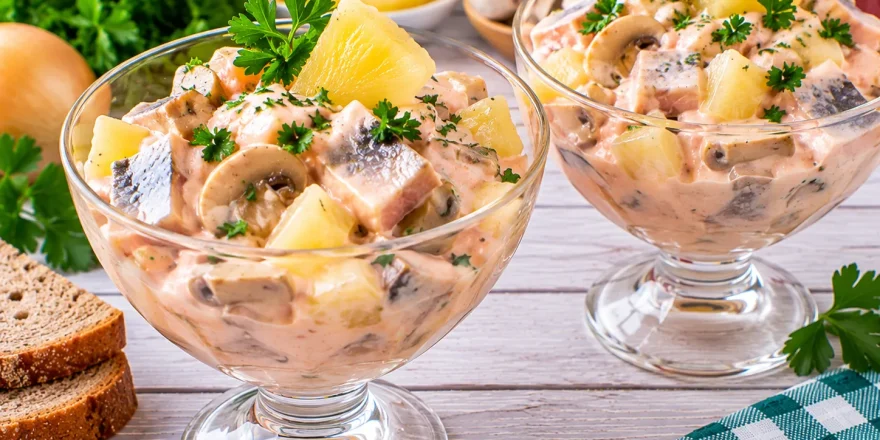 Matjescocktail im Glas mit Ananas, Champignons und cremiger Soße.