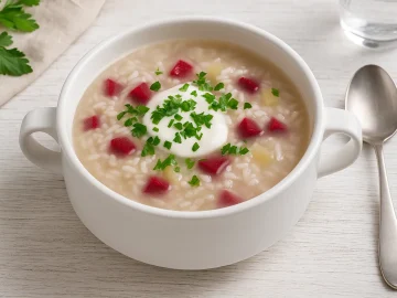 Weiße Suppenschüssel mit Polnischer Reissuppe, verfeinert mit Gemüse, Joghurt und Petersilie, serviert auf weißem Holztisch