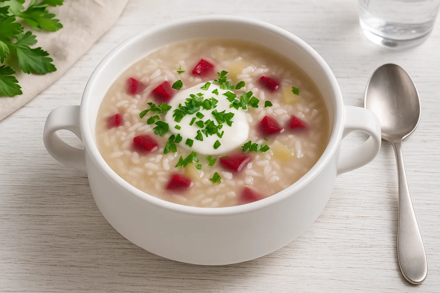 Weiße Suppenschüssel mit Polnischer Reissuppe, verfeinert mit Gemüse, Joghurt und Petersilie, serviert auf weißem Holztisch
