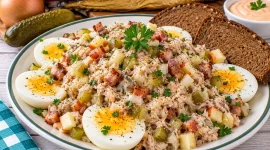 Räuchermakrelenhäckerle mit Apfel, Gurke, Speck und Eierscheiben.