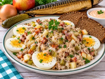 Räuchermakrelenhäckerle mit Apfel, Gurke, Speck und Eierscheiben.