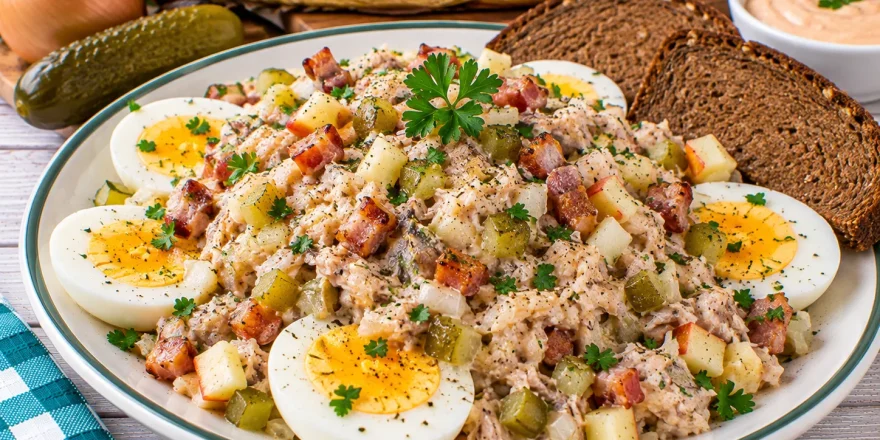 Räuchermakrelenhäckerle mit Apfel, Gurke, Speck und Eierscheiben.