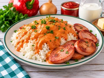 Reis mit cremiger Paprikasoße und gebratenen Wurstscheiben.