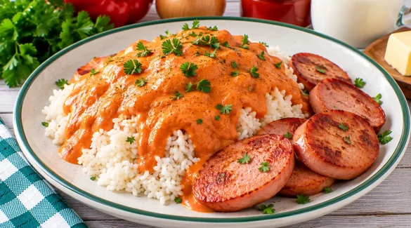 Reis mit cremiger Paprikasoße und gebratenen Wurstscheiben.