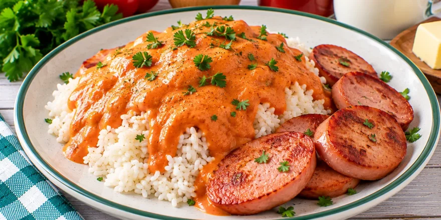 Reis mit cremiger Paprikasoße und gebratenen Wurstscheiben.