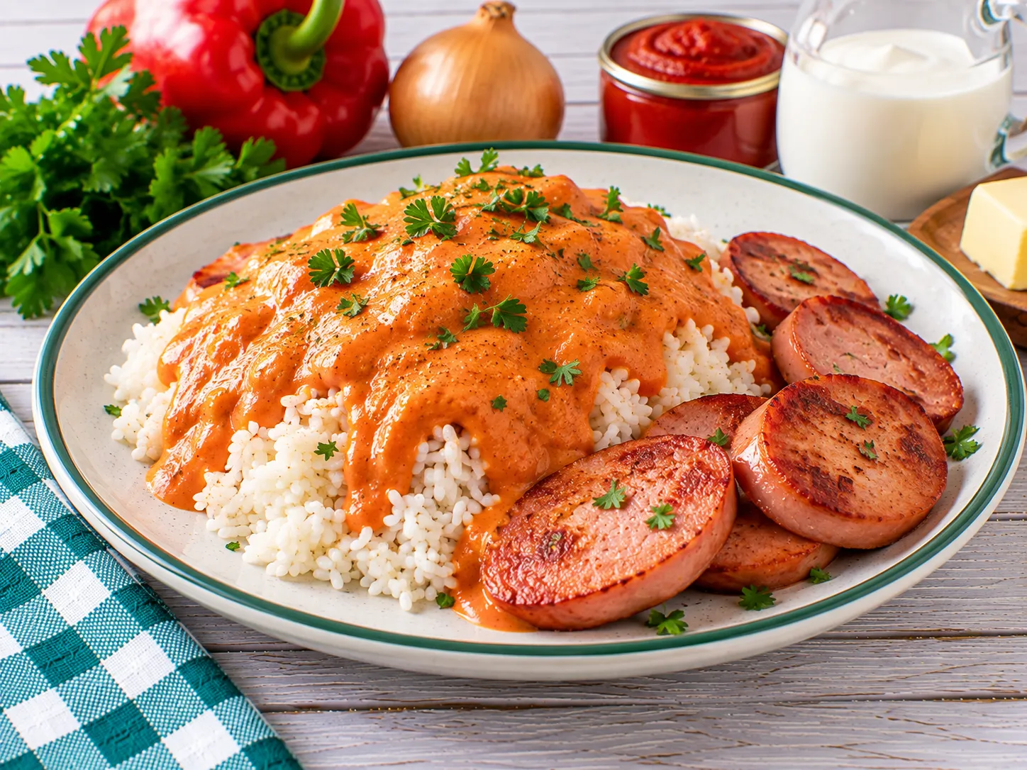 Reis mit cremiger Paprikasoße und gebratenen Wurstscheiben.