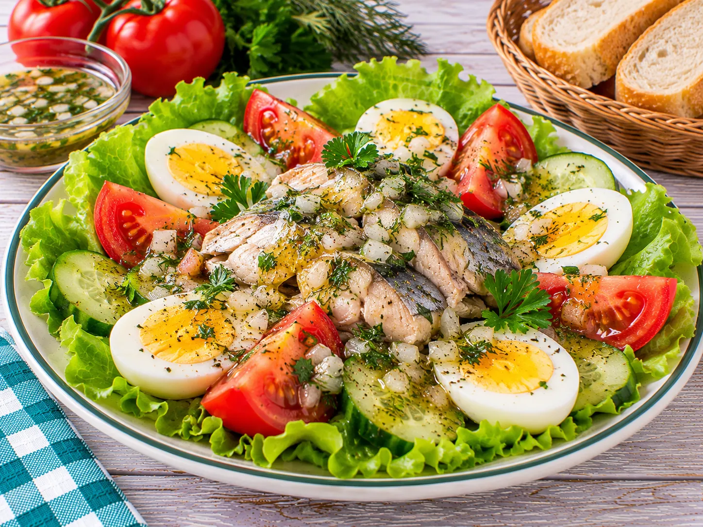Rostocker Fischteller mit Fisch, Eierscheiben, Tomaten und grünem Salat.