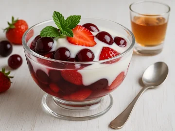 Glasschale mit Schwedenfrüchten aus Kirschen und Erdbeeren, beträufelt mit Rum und kalter Sahne, auf weißem Holzhintergrund.