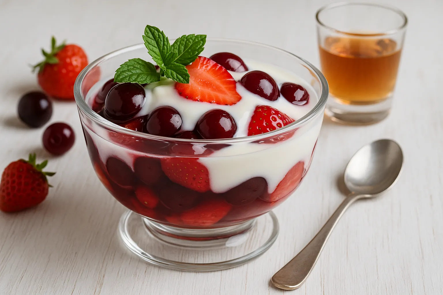 Glasschale mit Schwedenfrüchten aus Kirschen und Erdbeeren, beträufelt mit Rum und kalter Sahne, auf weißem Holzhintergrund.