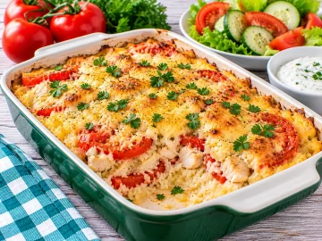 Sommerliche Reispfanne mit Reis, Tomaten und Fischfilet aus dem Backofen.