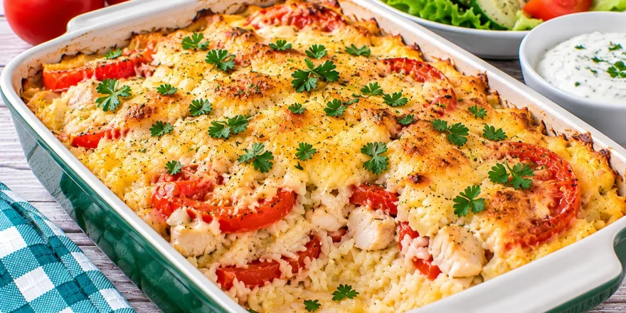 Sommerliche Reispfanne mit Reis, Tomaten und Fischfilet aus dem Backofen.