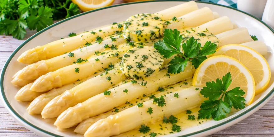 Weiße Spargelspitzen mit Kräuterbutter, Zitronenscheibe und Petersilie.