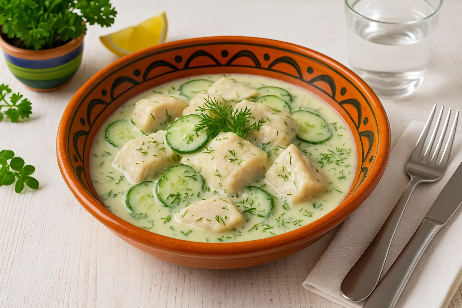  Spreewälder Fischtopf mit Fischfilet und Gurkenscheiben in cremiger Sauce, angerichtet auf orangenem DDR-Teller, dekoriert mit frischem Dill, weißer Holzhintergrund, moderne Tischdeko.