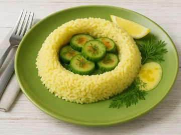 Spreewälder Reisring mit Curry und Gurken auf grünem Teller, garniert mit Dill und Butter, serviert auf weißem Holztisch.