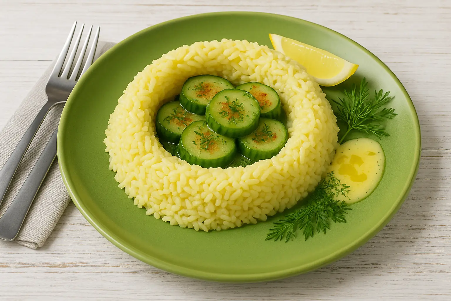  Spreewälder Reisring mit Curry und Gurken auf grünem Teller, garniert mit Dill und Butter, serviert auf weißem Holztisch.