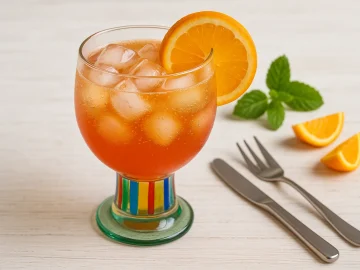 Stehaufmännchen-Cocktail mit Weinbrand, Orangensaft, Eis und Sekt in buntem Glas, dekoriert mit Orangenscheibe, auf weißem Holztisch, moderne Deko.