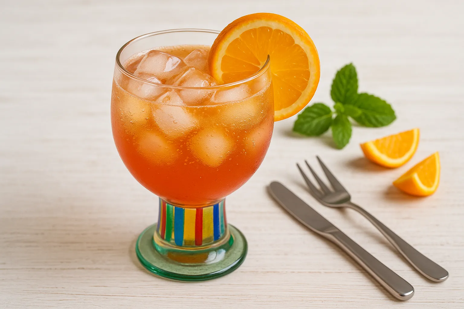  Stehaufmännchen-Cocktail mit Weinbrand, Orangensaft, Eis und Sekt in buntem Glas, dekoriert mit Orangenscheibe, auf weißem Holztisch, moderne Deko.