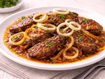 Gebratene Gänseleber mit Zwiebeln und Paprika auf weißem Teller auf hellem Holztisch