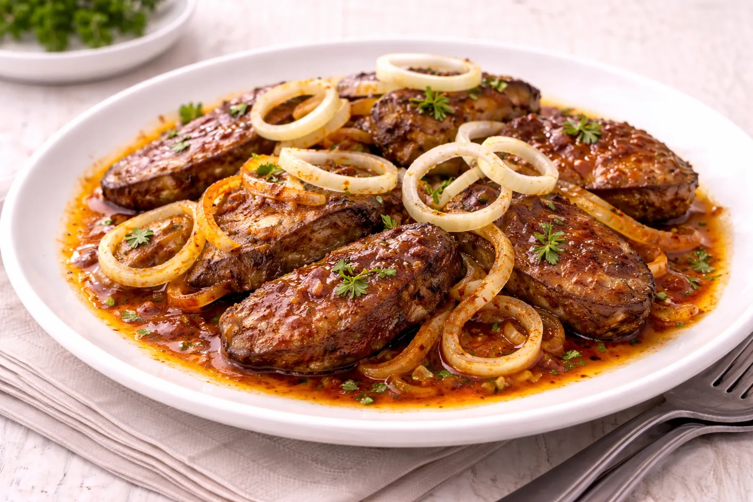 Gebratene Gänseleber mit Zwiebeln und Paprika auf weißem Teller auf hellem Holztisch