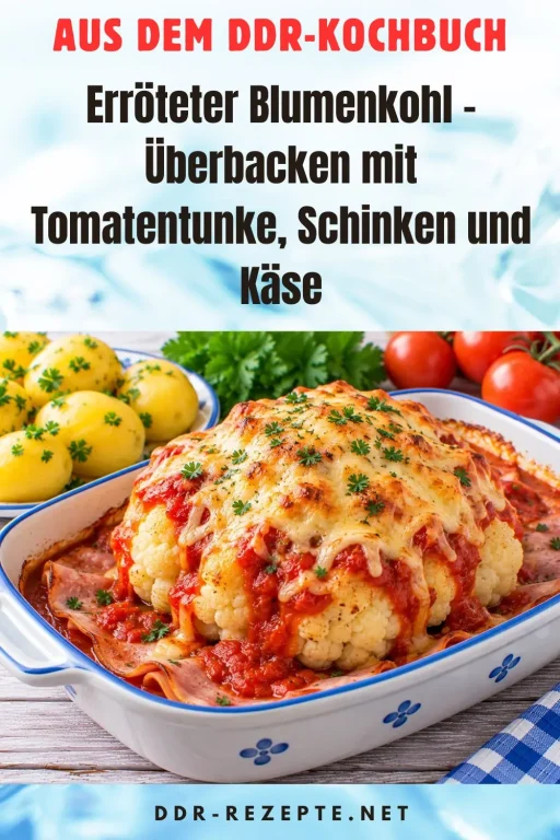 Erröteter Blumenkohl – Überbacken mit Tomatentunke, Schinken und Käse