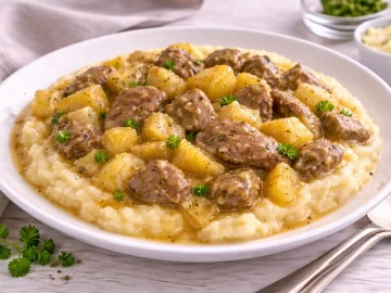 Apfel-Leber-Ragout mit gebratener Geflügelleber und Apfelstücken in heller Soße auf Kartoffelmus auf weißem Teller.